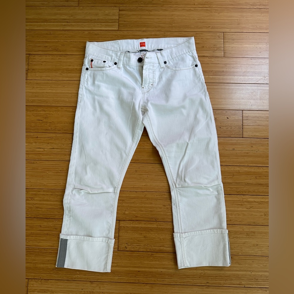 BOSS White Ankle Crop Jeans w/ Artistic Patch Detail Size 28